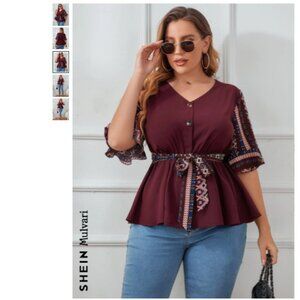 Plus Size Geometric Print Flounce Sleeve Peplum Hem Belted Maroon Blouse, 3X